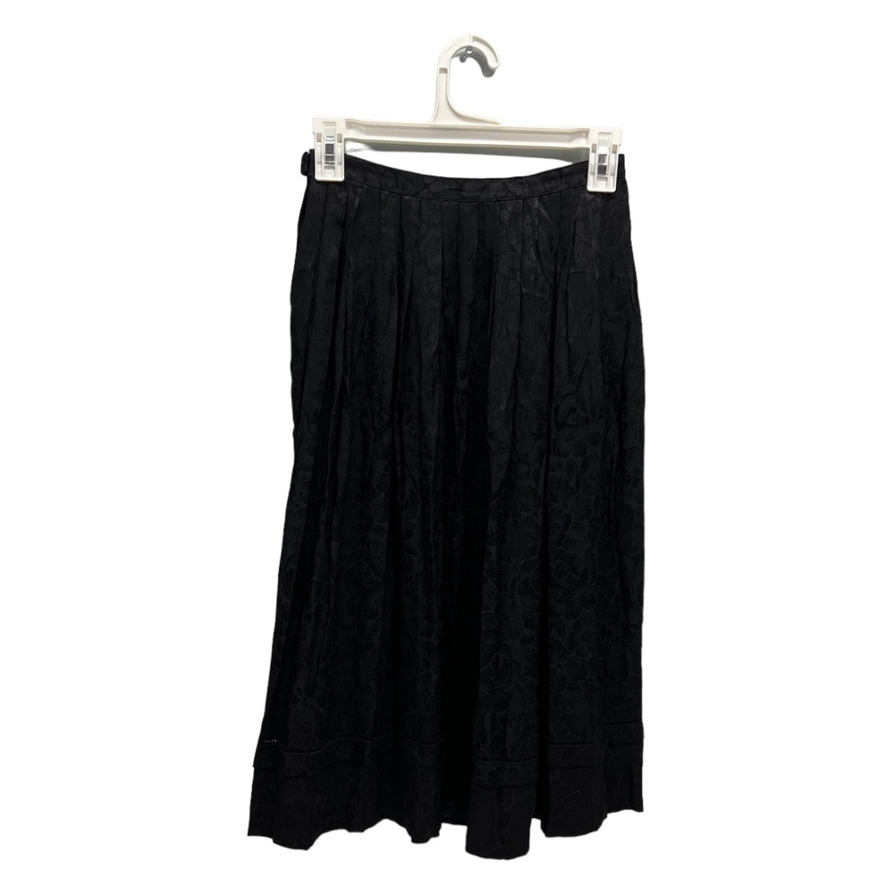 Vintage Skirt Womens 8 Black Satin Floral Pleated Midi Fairy Whimsigoth Witchy